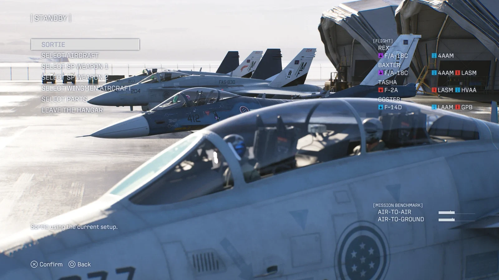 Mission preparation screen in Ace Combat 8: a row of jets on a carrier deck and the menu for choosing aircraft, weapons and parts