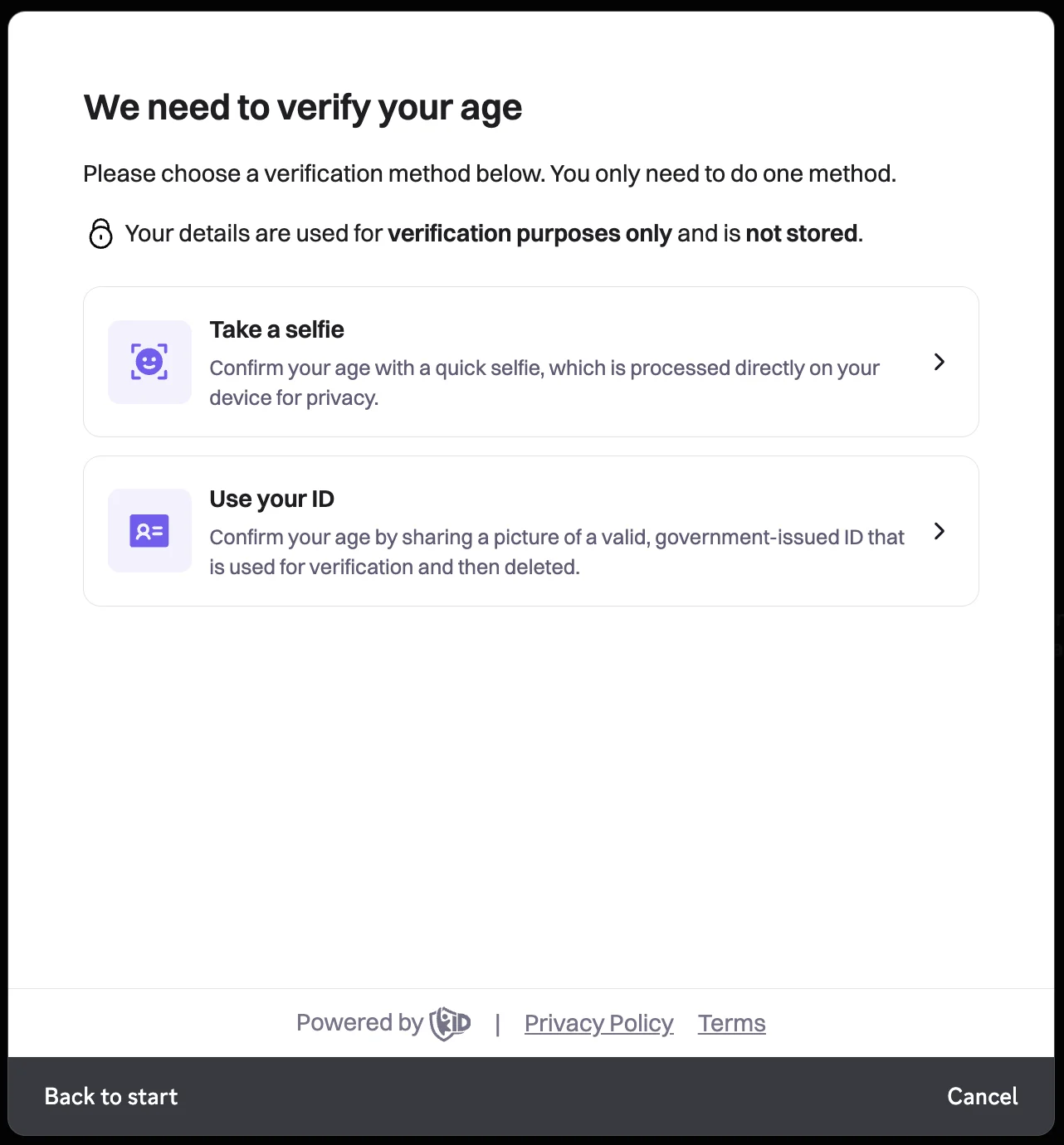 Discord age verification window offering a selfie check or ID scan