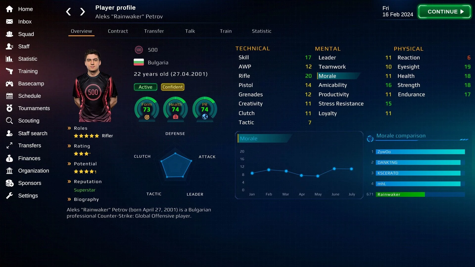 Profil zawodnika w demie Esports Manager 2026.