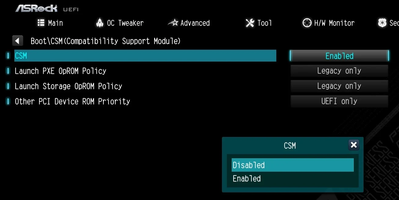 ASRock UEFI BIOS, Boot, CSM (Compatibility Support Module) screen: the CSM field with its list open and Disabled highlighted