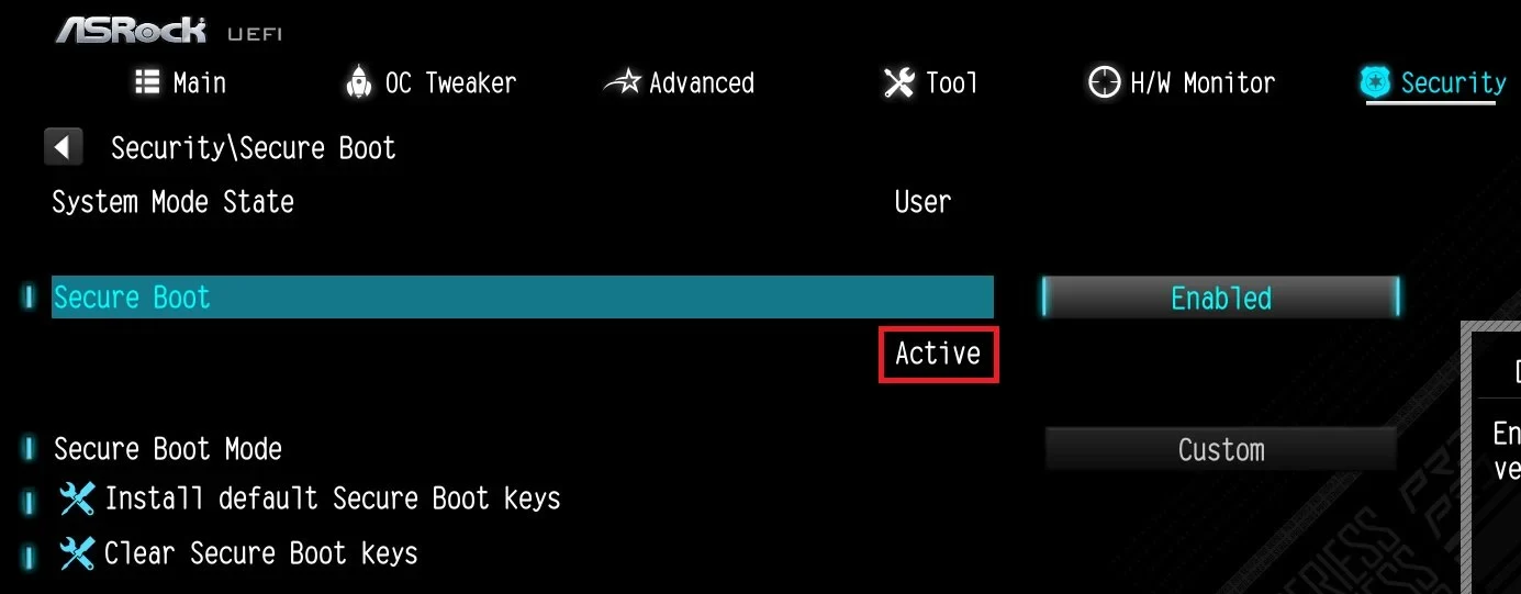ASRock UEFI BIOS, Security, Secure Boot: Secure Boot set to Enabled, the Active status marked with a red frame below it, Secure Boot Mode set to Custom