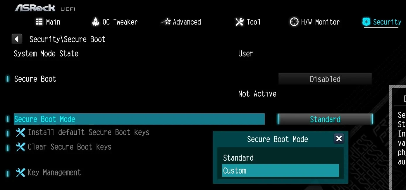 ASRock UEFI BIOS, Security, Secure Boot: the Secure Boot Mode field with a list of Standard and Custom, Custom highlighted, and the Install default Secure Boot keys, Clear Secure Boot keys and Key Management entries below