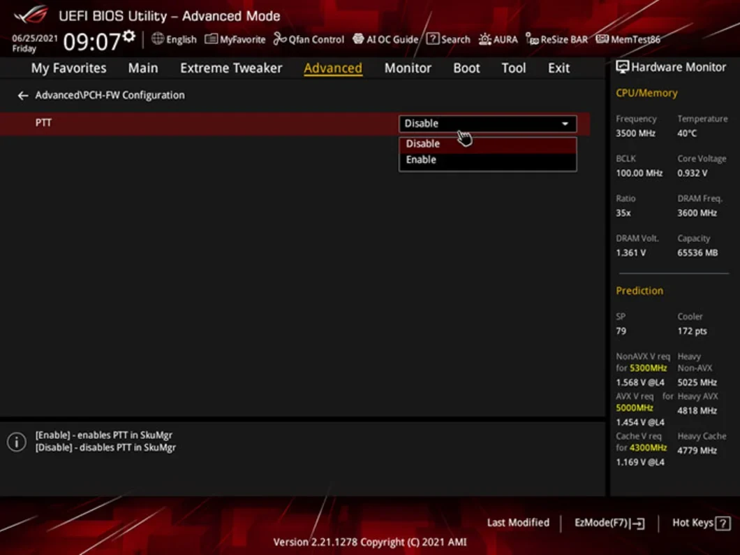 ASUS ROG BIOS in Advanced mode, Advanced, PCH-FW Configuration screen, with the PTT option list open showing Disable and Enable