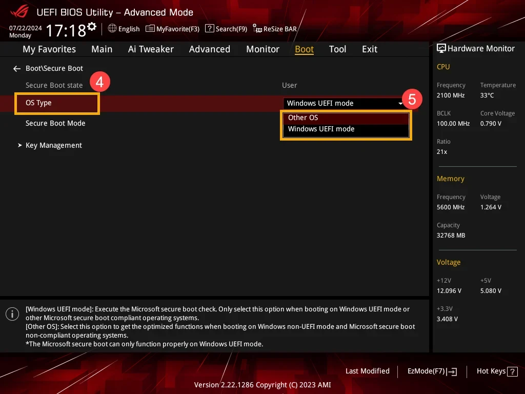 ASUS BIOS, Boot, Secure Boot: the OS Type field with its list open showing Other OS and Windows UEFI mode, the description at the bottom explains that Microsoft secure boot only works in Windows UEFI mode