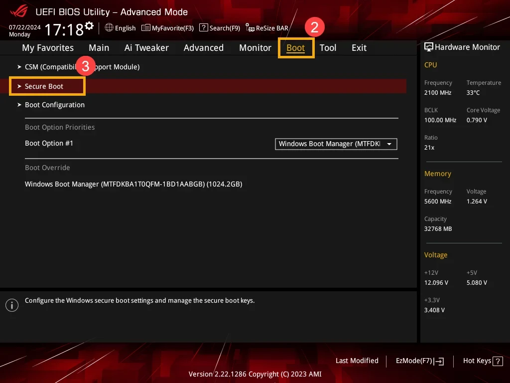 ASUS ROG BIOS in Advanced mode, the Boot tab with the Secure Boot entry highlighted, next to the CSM and Boot Configuration entries, steps 2 and 3 marked with orange frames