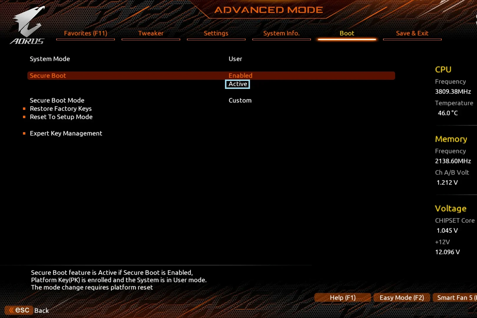 Gigabyte AORUS BIOS, Advanced Mode, Boot tab: Secure Boot set to Enabled, the Active status below it in a blue frame, Secure Boot Mode set to Custom, with Restore Factory Keys and Reset To Setup Mode entries