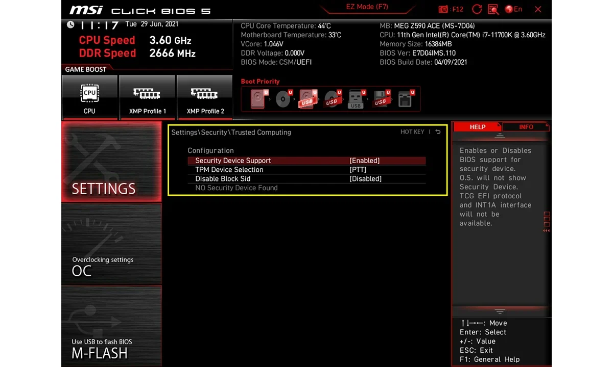 MSI Click BIOS 5, Settings, Security, Trusted Computing screen: Security Device Support set to Enabled, TPM Device Selection set to PTT, with the Configuration section outlined in a yellow frame