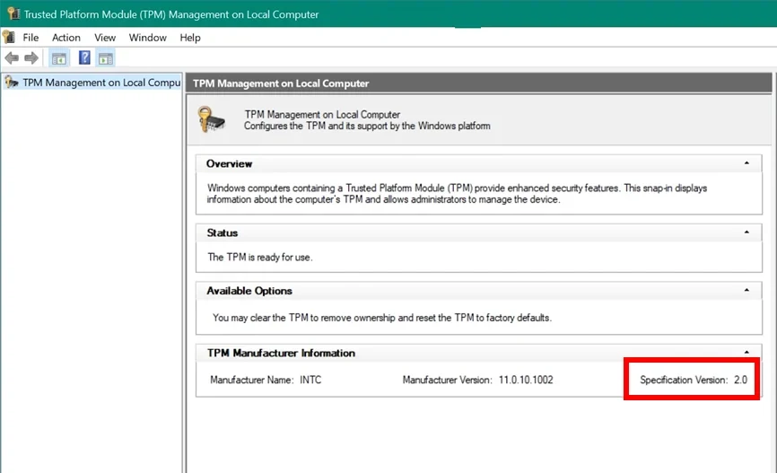 The Trusted Platform Module Management on Local Computer window in Windows: status The TPM is ready for use, manufacturer INTC, specification version 2.0 marked with a red frame