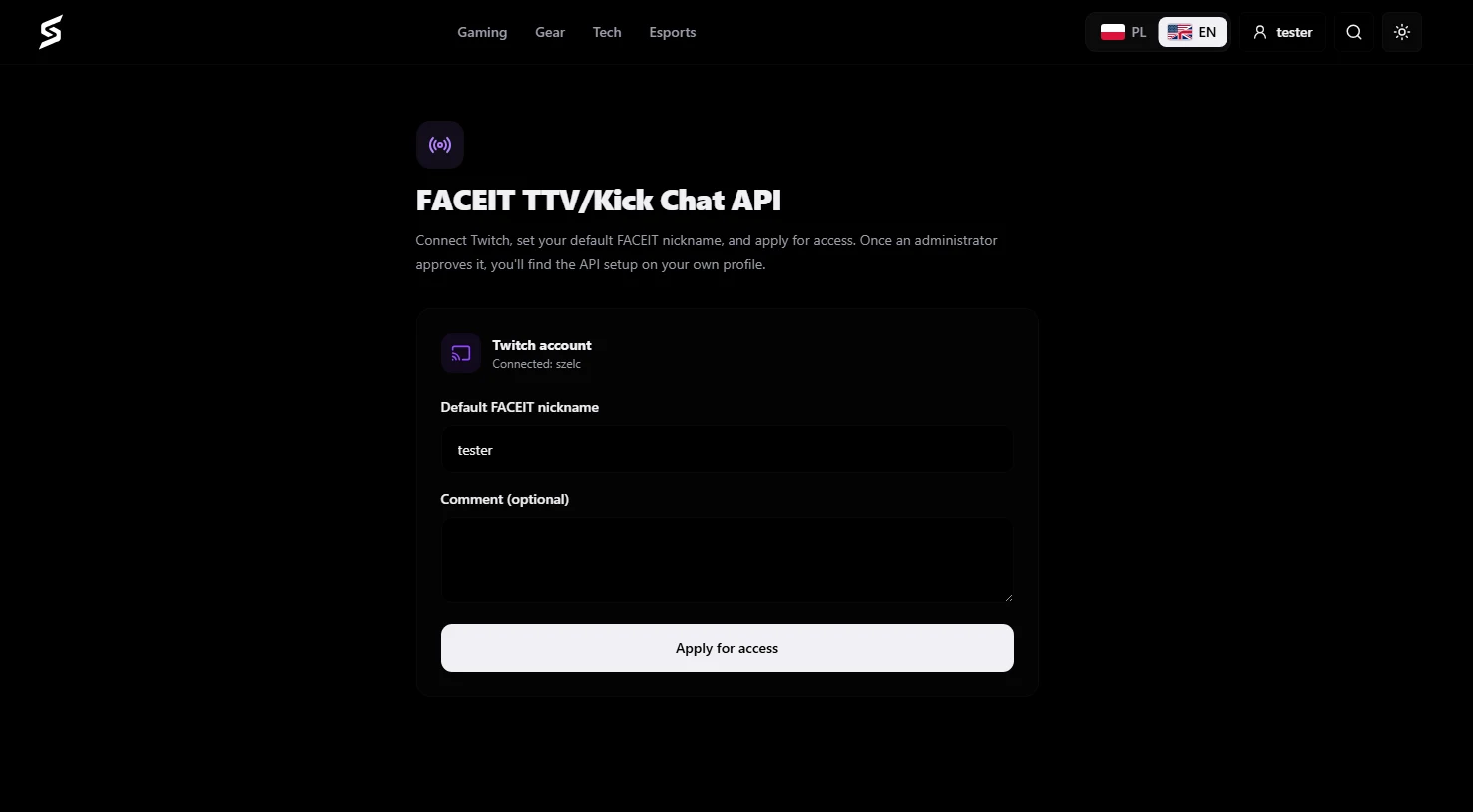 Formularz wniosku o dostęp z połączonym kontem Twitch i polem na domyślny nick FACEIT
