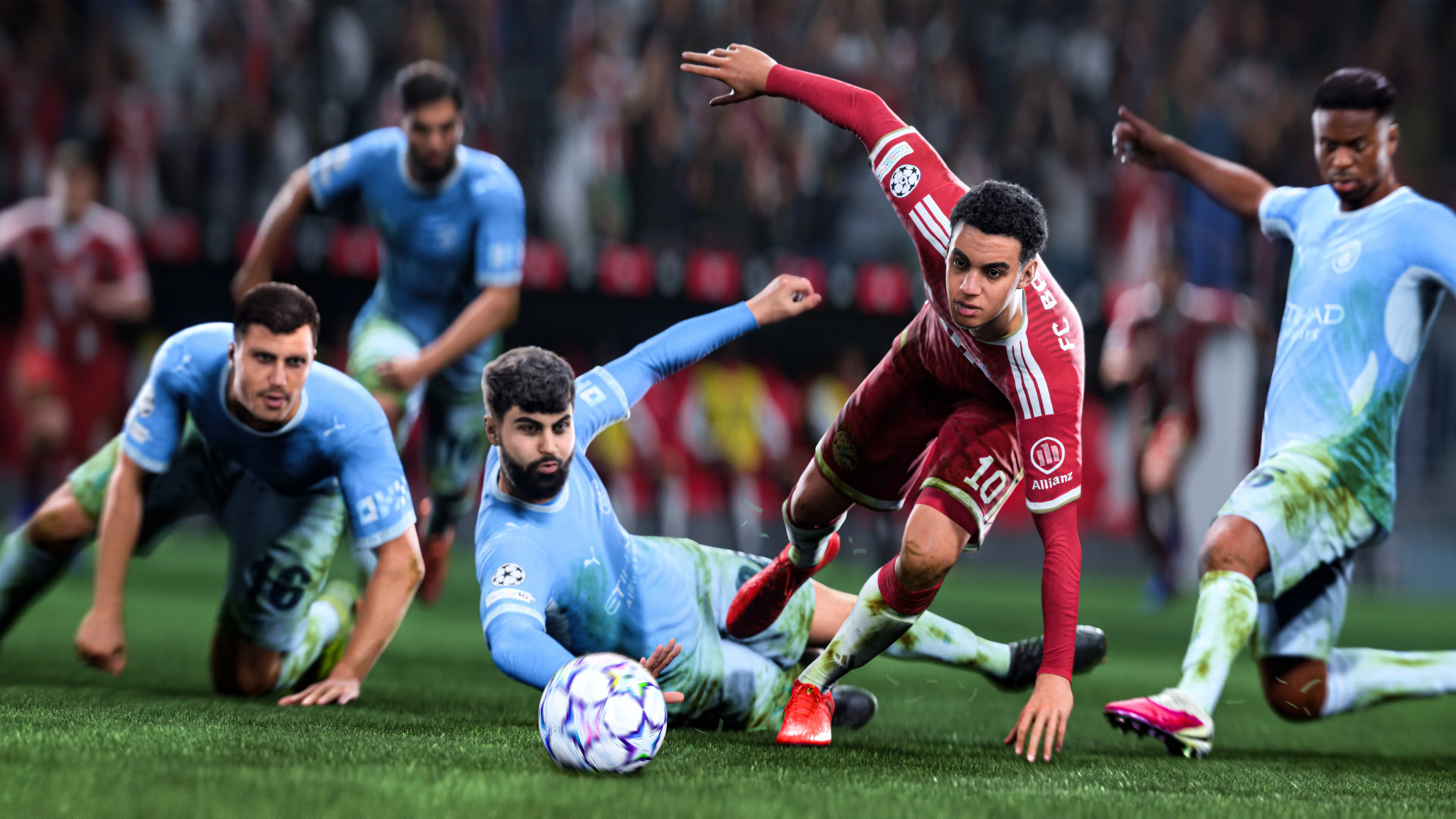 Zrzut ekranu z rozgrywki EA Sports FC 27 pokazujący starcie kilku zawodników o piłkę