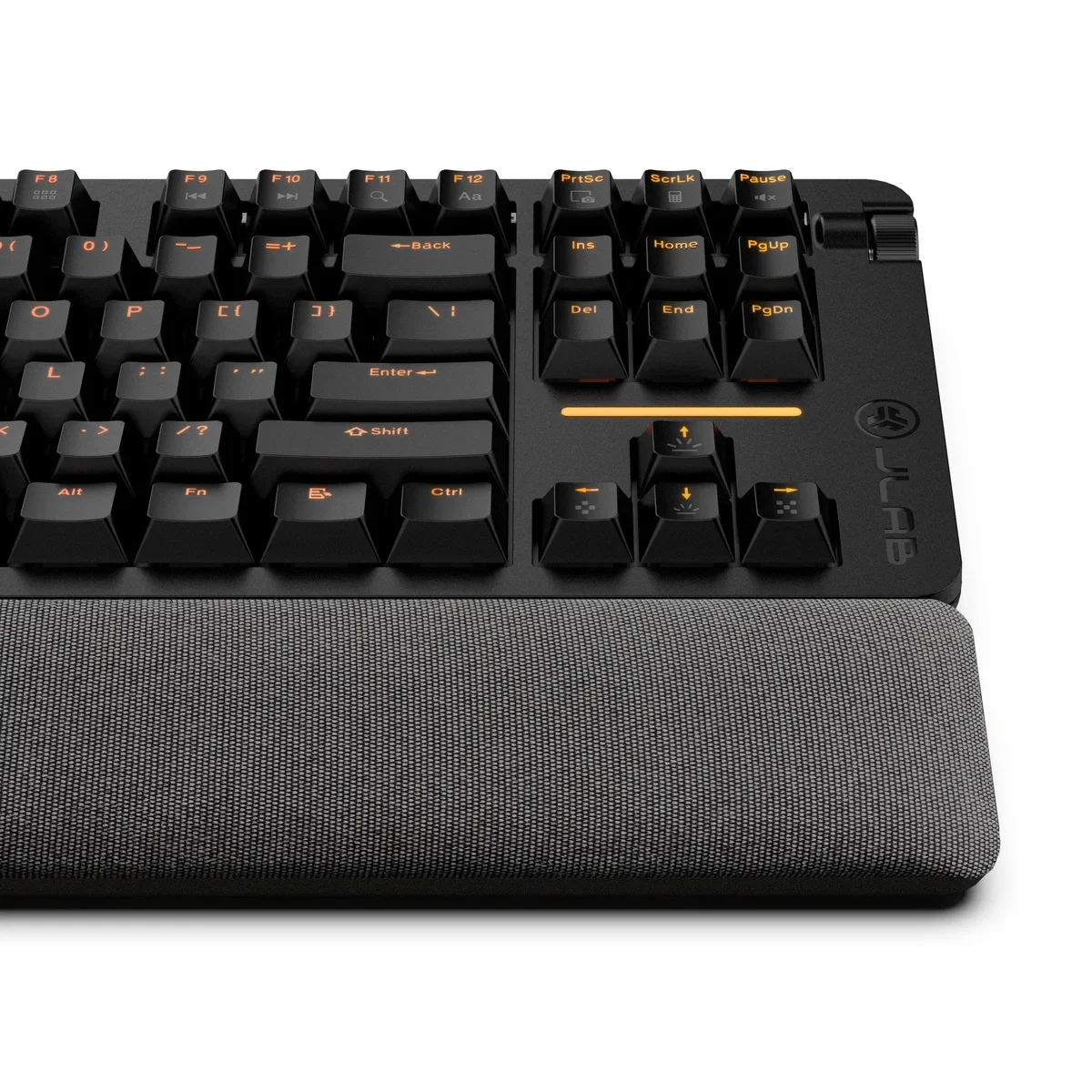 JLab Daybreak TKL Wired Magnetic Gaming Keyboard, prawa część klawiatury z pokrętłem i podkładką pod nadgarstki