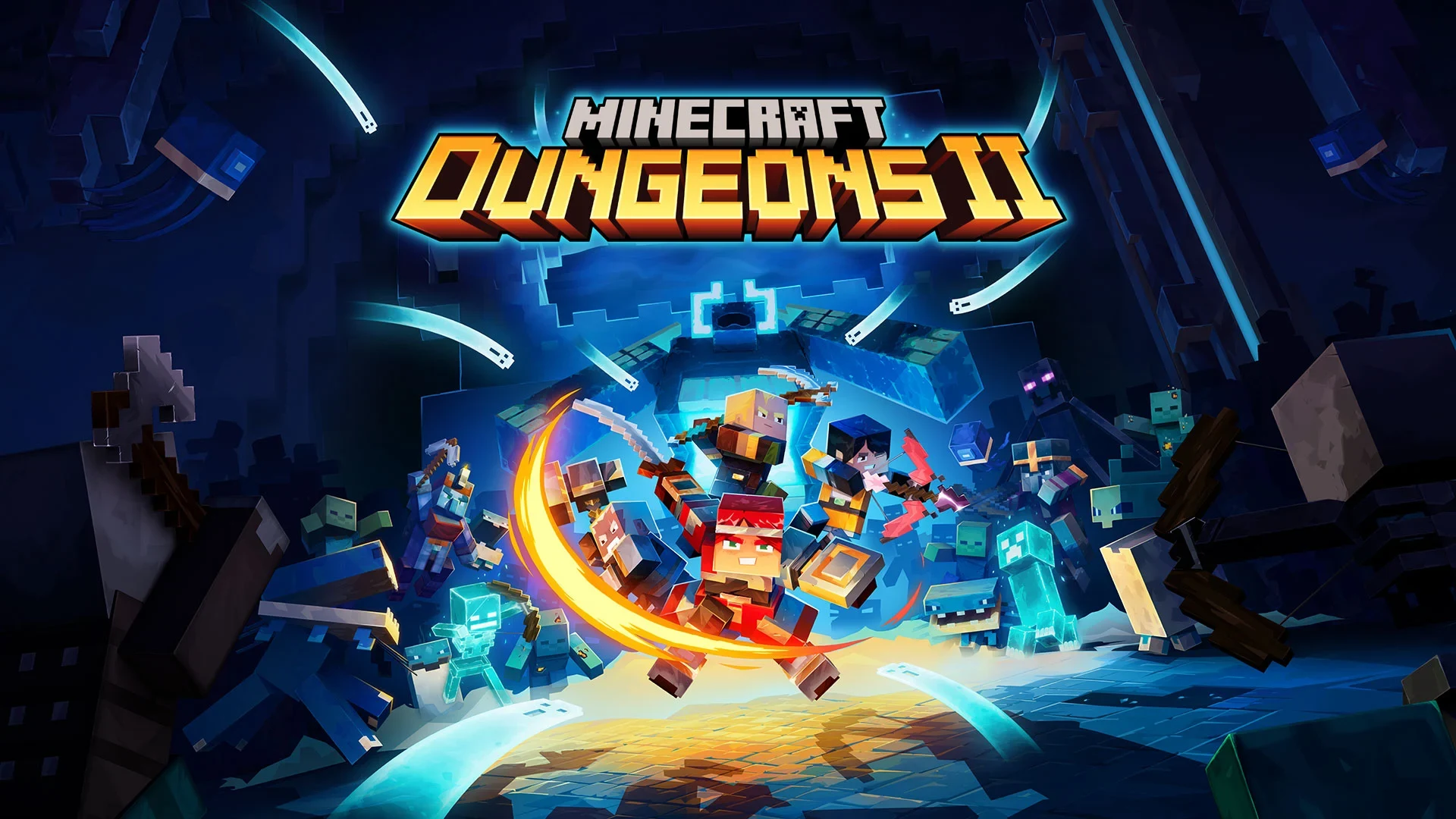 Minecraft Dungeons II promotional artwork showing heroes fighting monsters in a blue cave