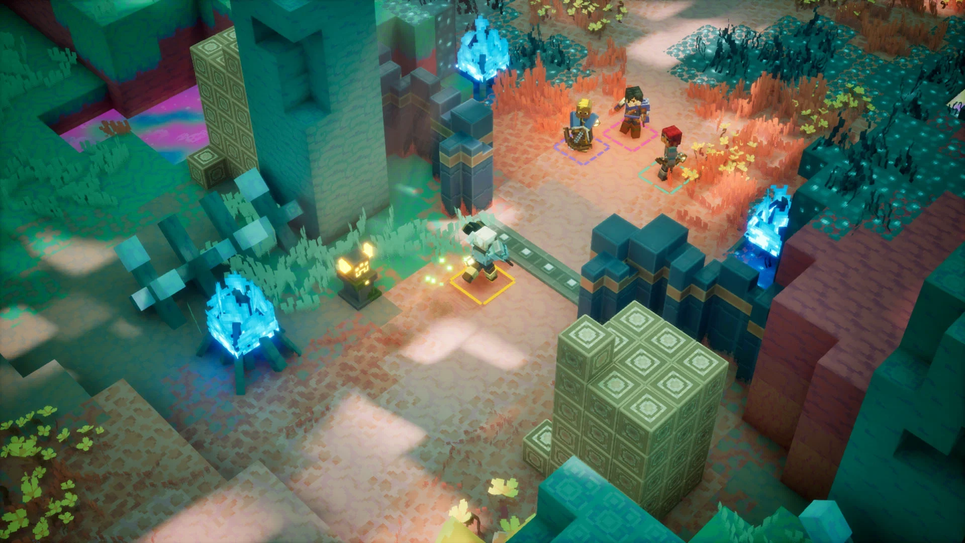 Minecraft Dungeons II heroes among teal and orange plants, stone blocks and glowing blue altars