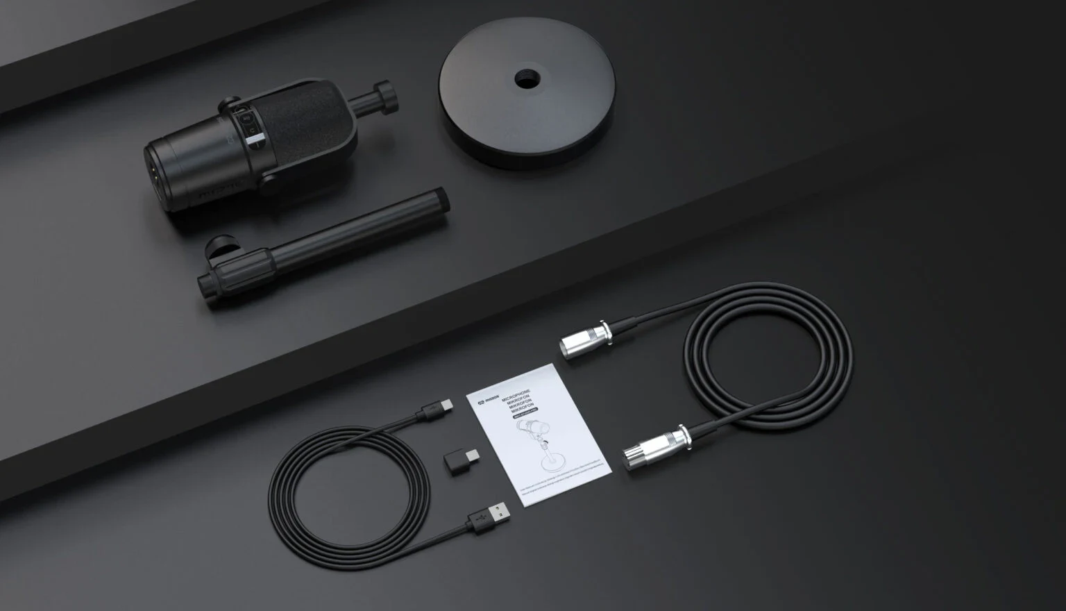 Contents of the Mozos MKIT-STUDIO-PRO set: microphone, stand base and pole, USB cable, USB-C adapter, manual and XLR cable