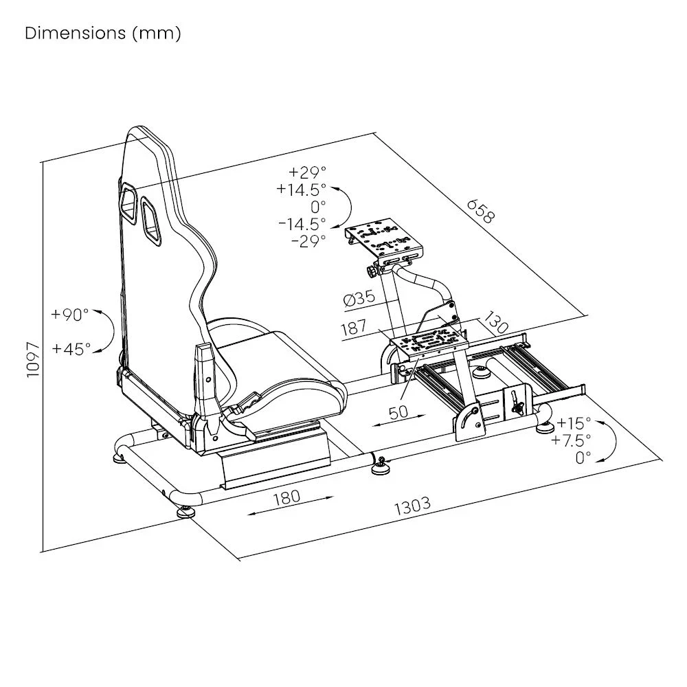 Technical drawing of the Mozos SGS6 cockpit with dimensions of 1303 × 658 × 1097 mm, wheel and pedal angle ranges and the 180 mm seat travel