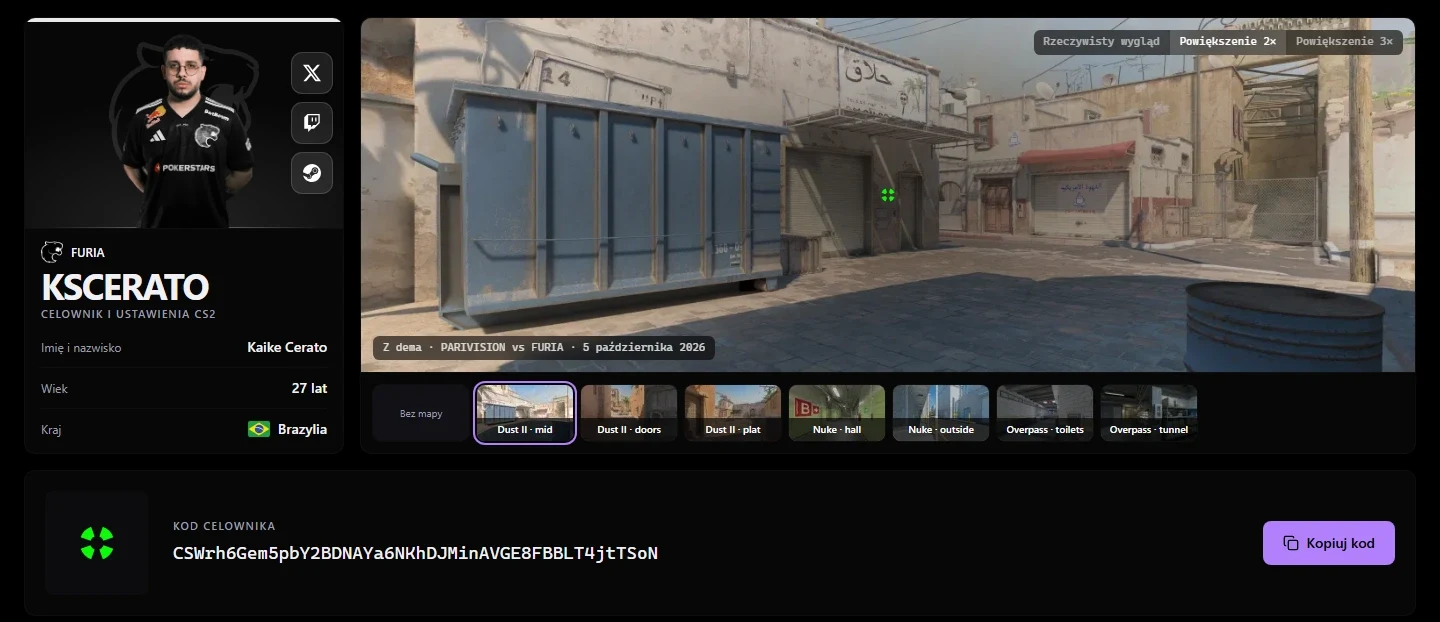 Profil KSCERATO w bazie celowników CS2 SPAWNSY: kod celownika w stylu Static Quadrant, zielone cztery wycinki pierścienia na mapie Dust II